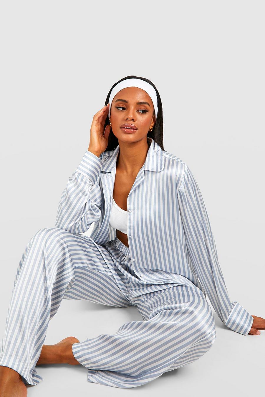 Grey Contrasterend Gestreepte Satijnen Pyjama Set Met Broek image number 1