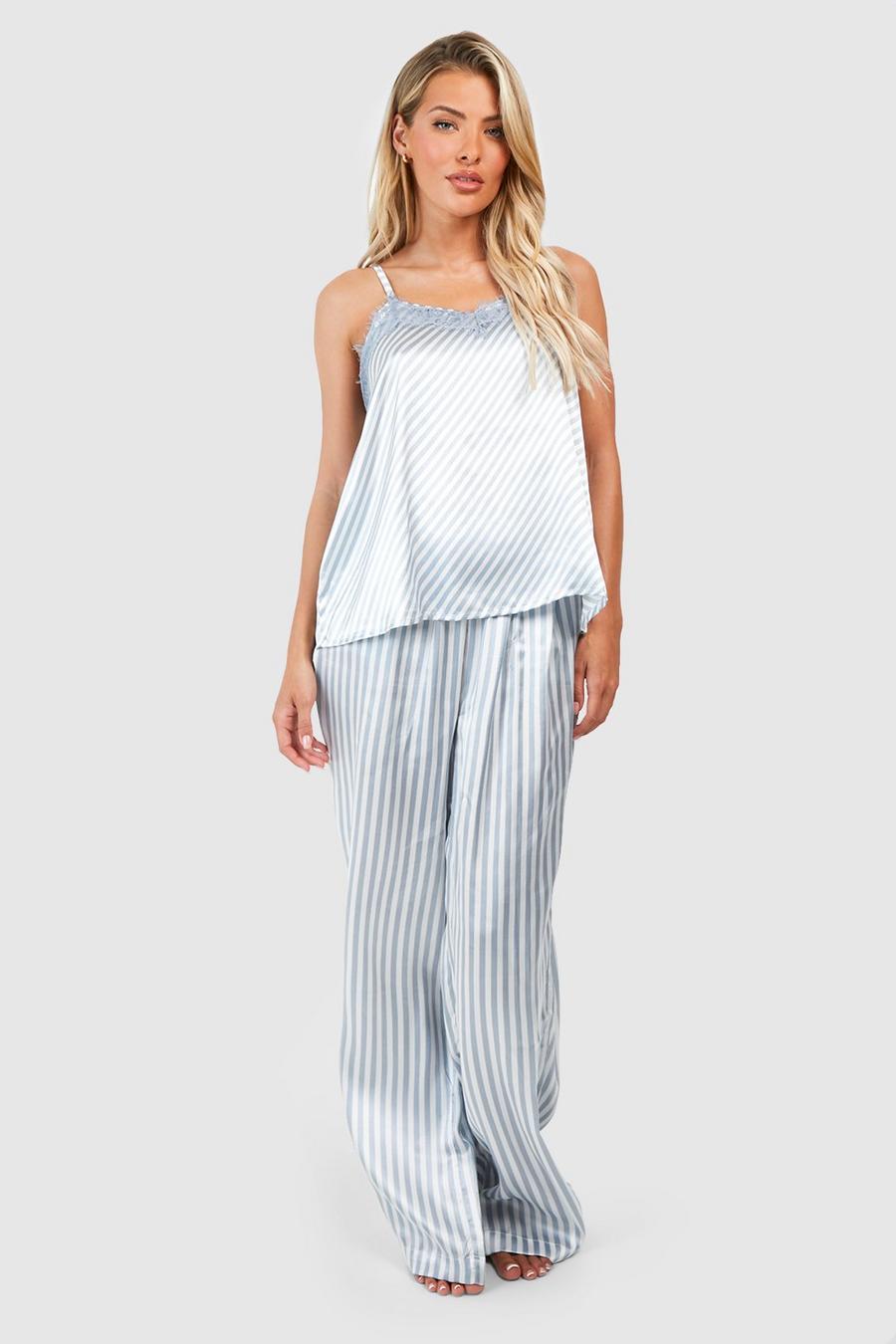 Grey Contrast Stripe Satin Cami & Pants Pajama Set image number 1