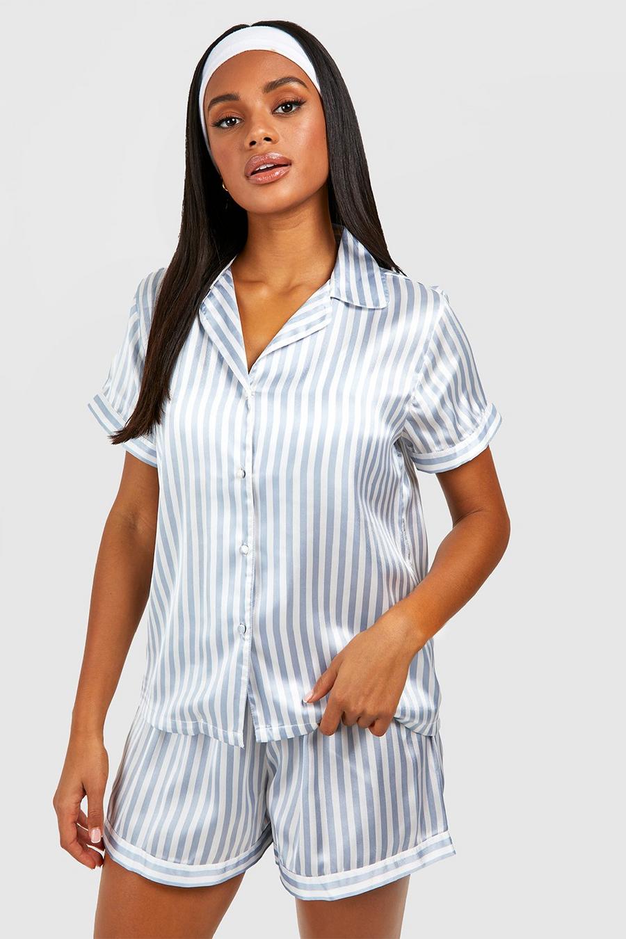 Set pigiama corto a righe a contrasto, Grey image number 1