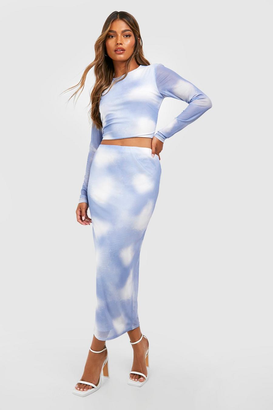 Cloud blue Abstract Mesh Long Sleeve Crop & Midaxi Skirt image number 1