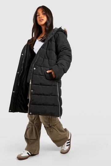 Petite Long Line Parka Jas Met Faux Fur Zoom black