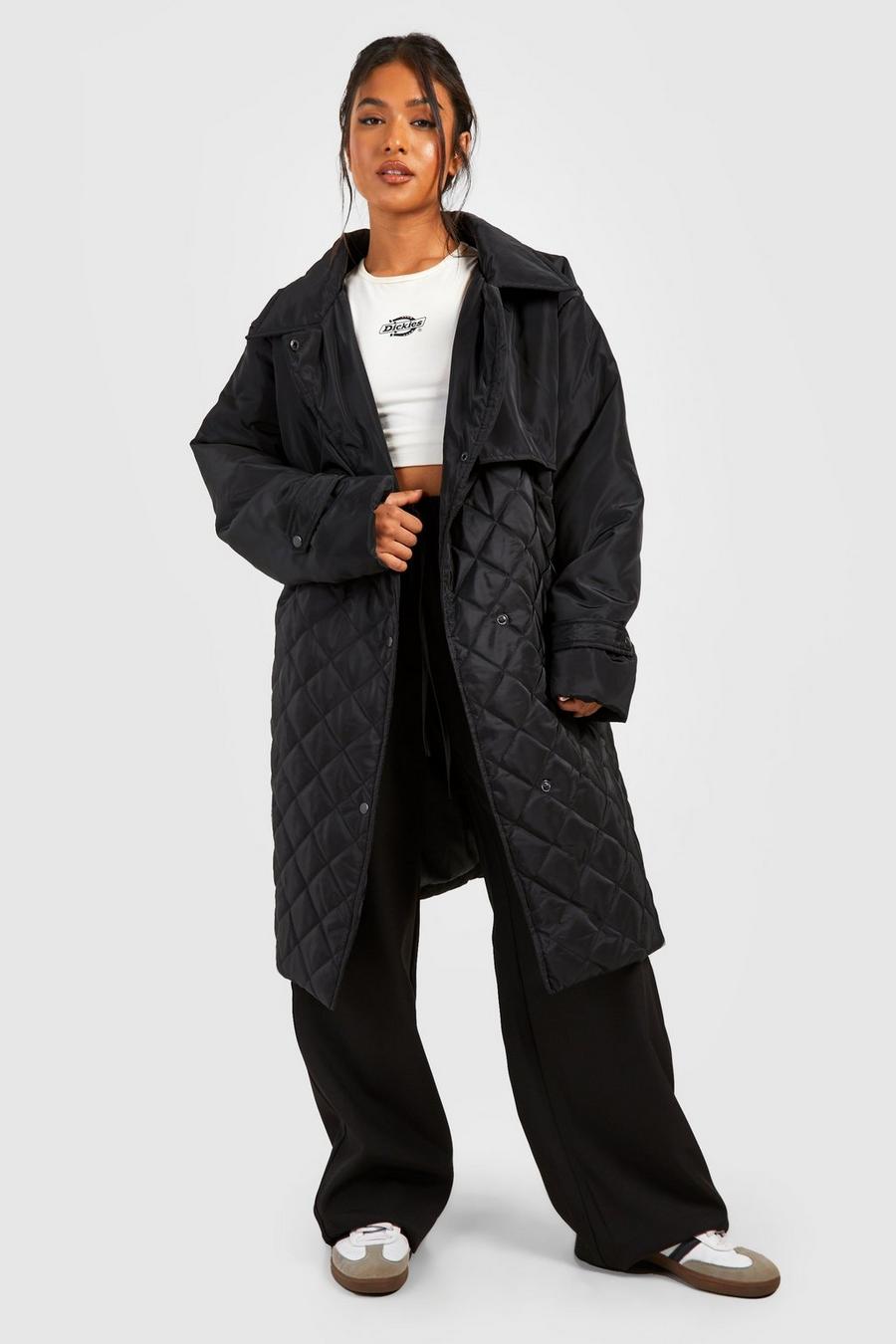 Black Petite Oversized Quilted Double Layer Trench Coat image number 1