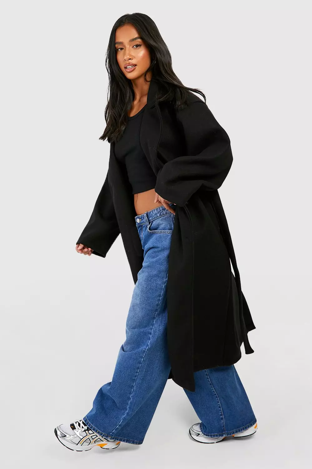 Black Petite Oversized Belted Button Through Wool Look Coat alternative image
