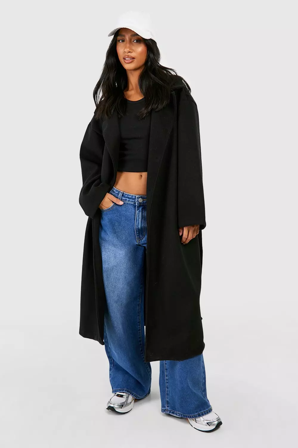 Black Petite Oversized Belted Button Through Wool Look Coat alternative image
