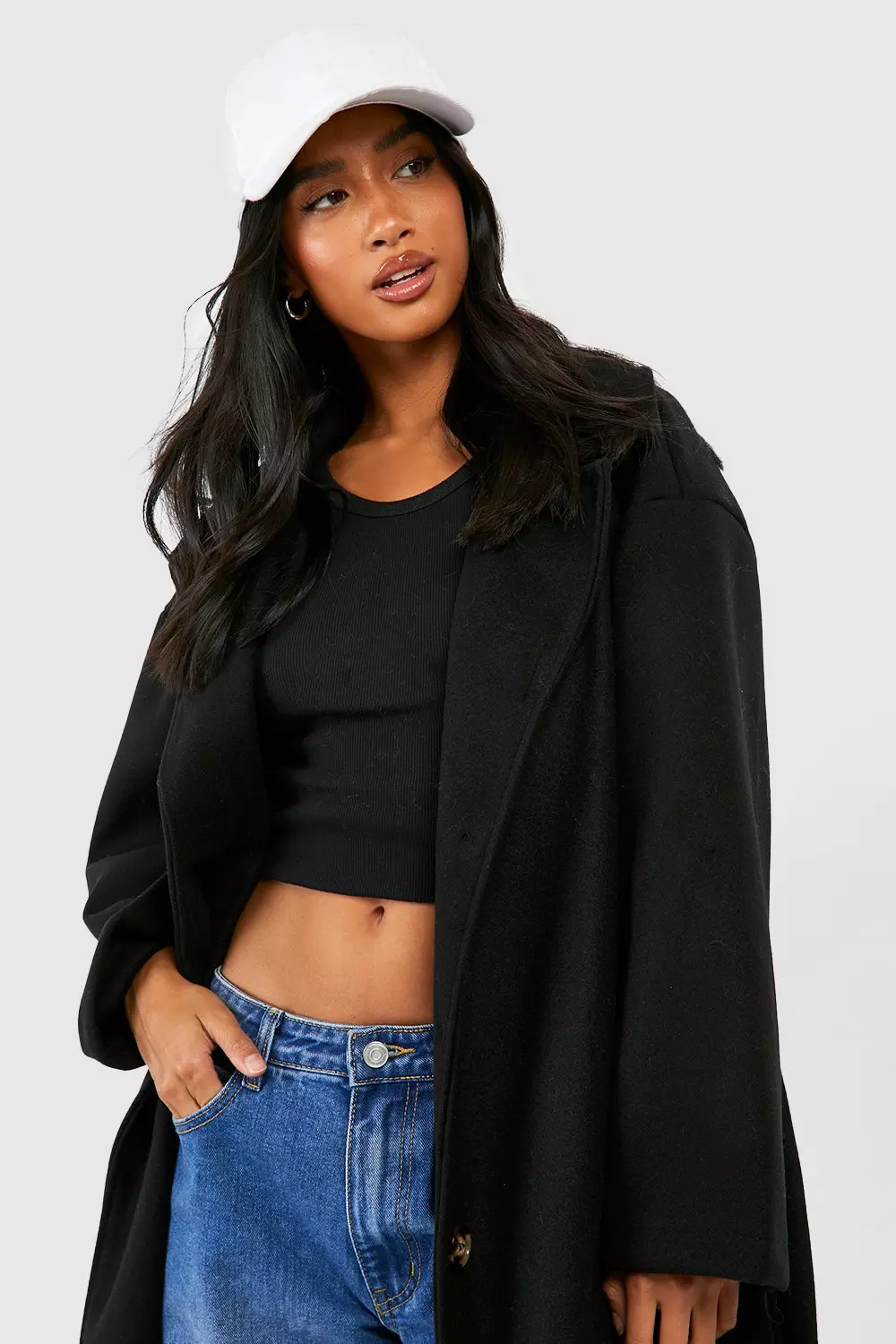 Black Petite Oversized Belted Button Through Wool Look Coat alternative image