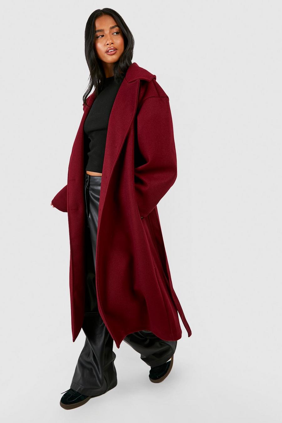 Berry röd Petite Oversized Wool Look Longline Belted Trench Coat