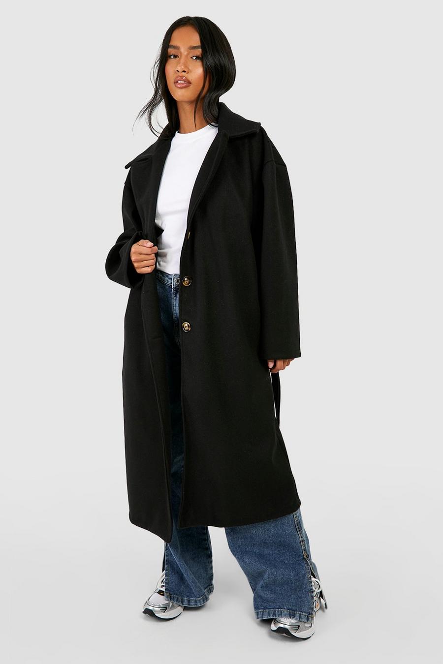 Cappotto Trench Petite lungo oversize effetto lana con cintura, Black