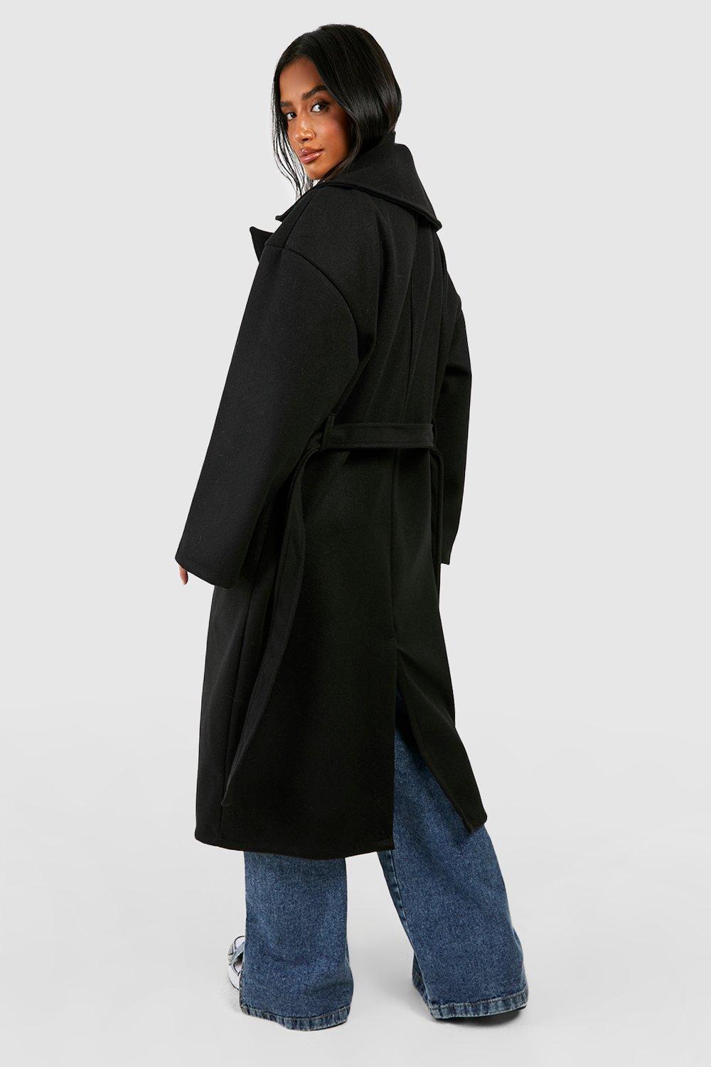 Petite Oversized Wool Look Longline Belted Trench Coat