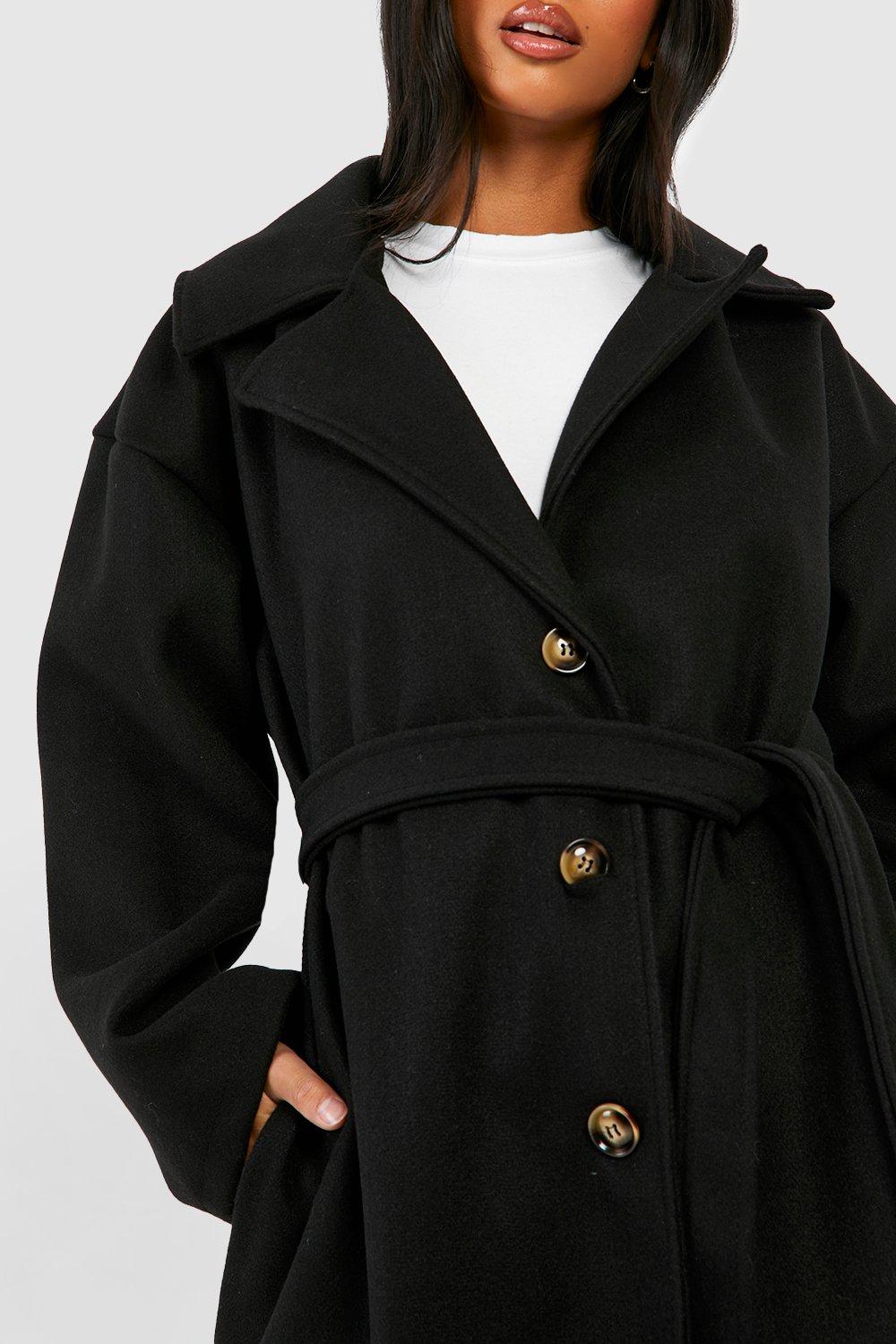 boohoo Short Belted Wool Look Coat - Black - Size 8