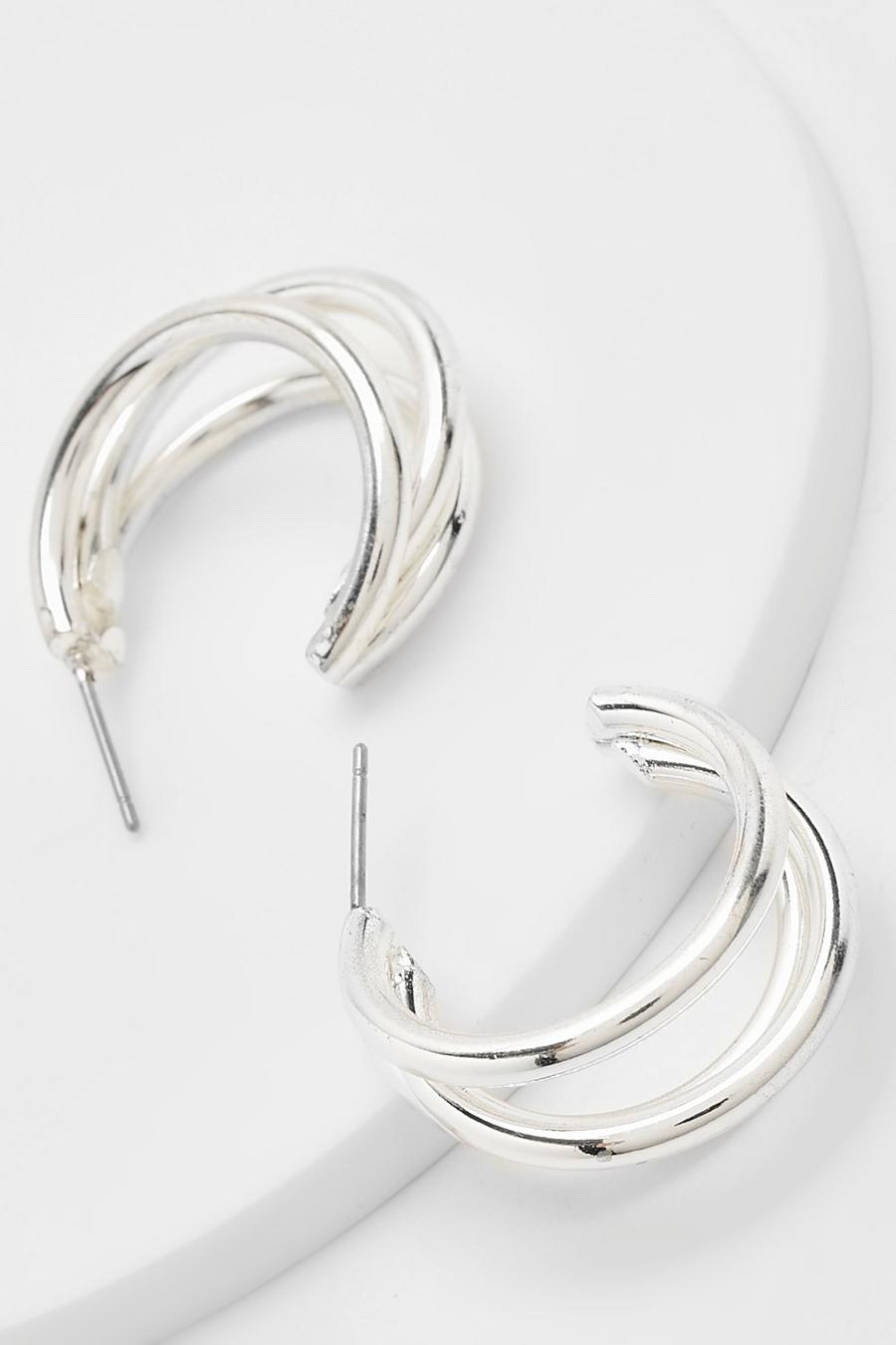 Silver Triple Cut Out Hoop Earrings image number 1