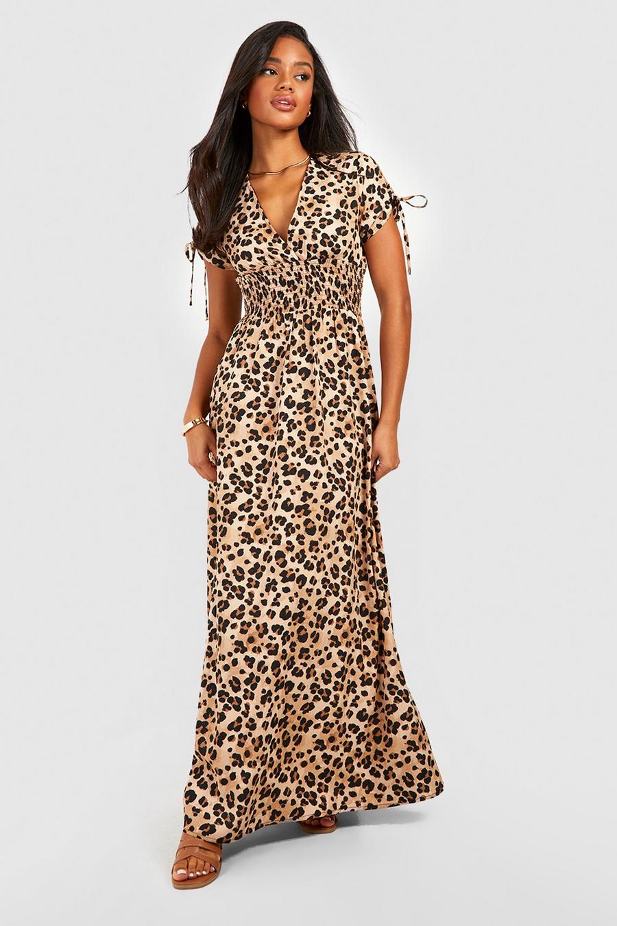 Brown Leopard Shirred Tie Sleeve Maxi Dress image number 1