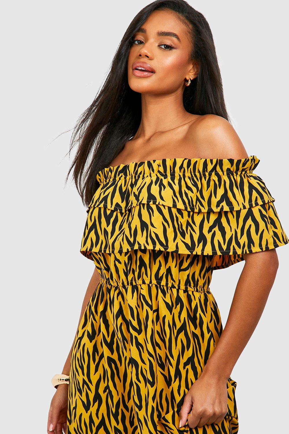 Animal Print Bardot Ruffle Maxi Dress boohoo FI