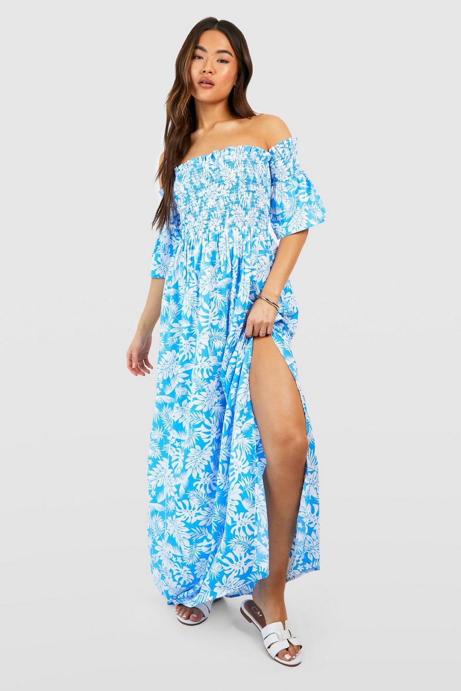 Vestido maxi fruncido con estampado de palmeras, Blue image number 1