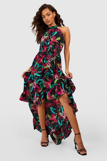 Shirred Floral Maxi Dress black