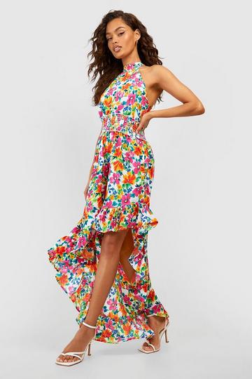 Shirred Floral Maxi Dress white