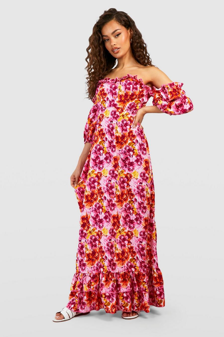 Pink Floral Off The Shoulder Ruffle Maxi Dress image number 1
