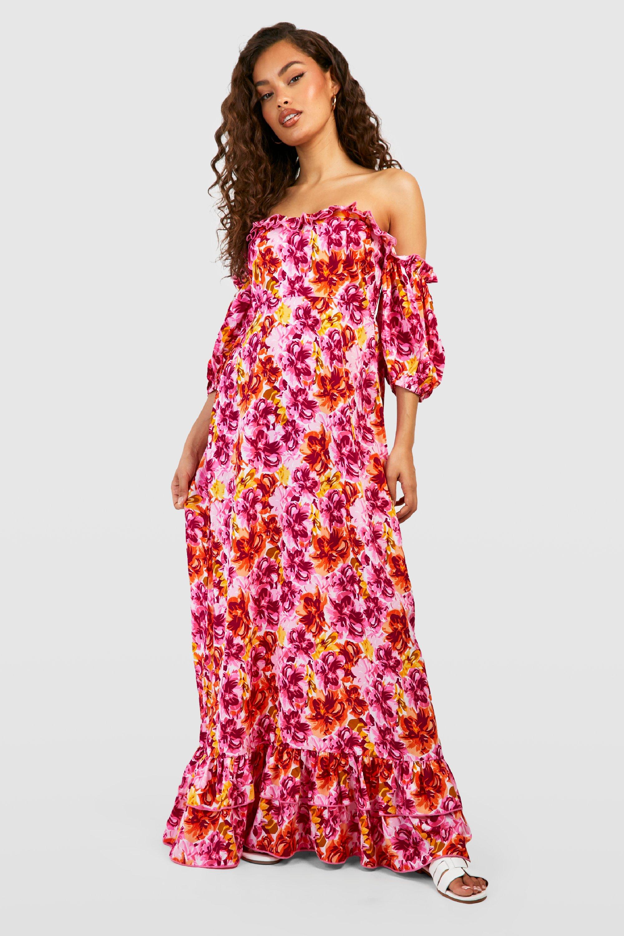 Pink floral bardot dress online
