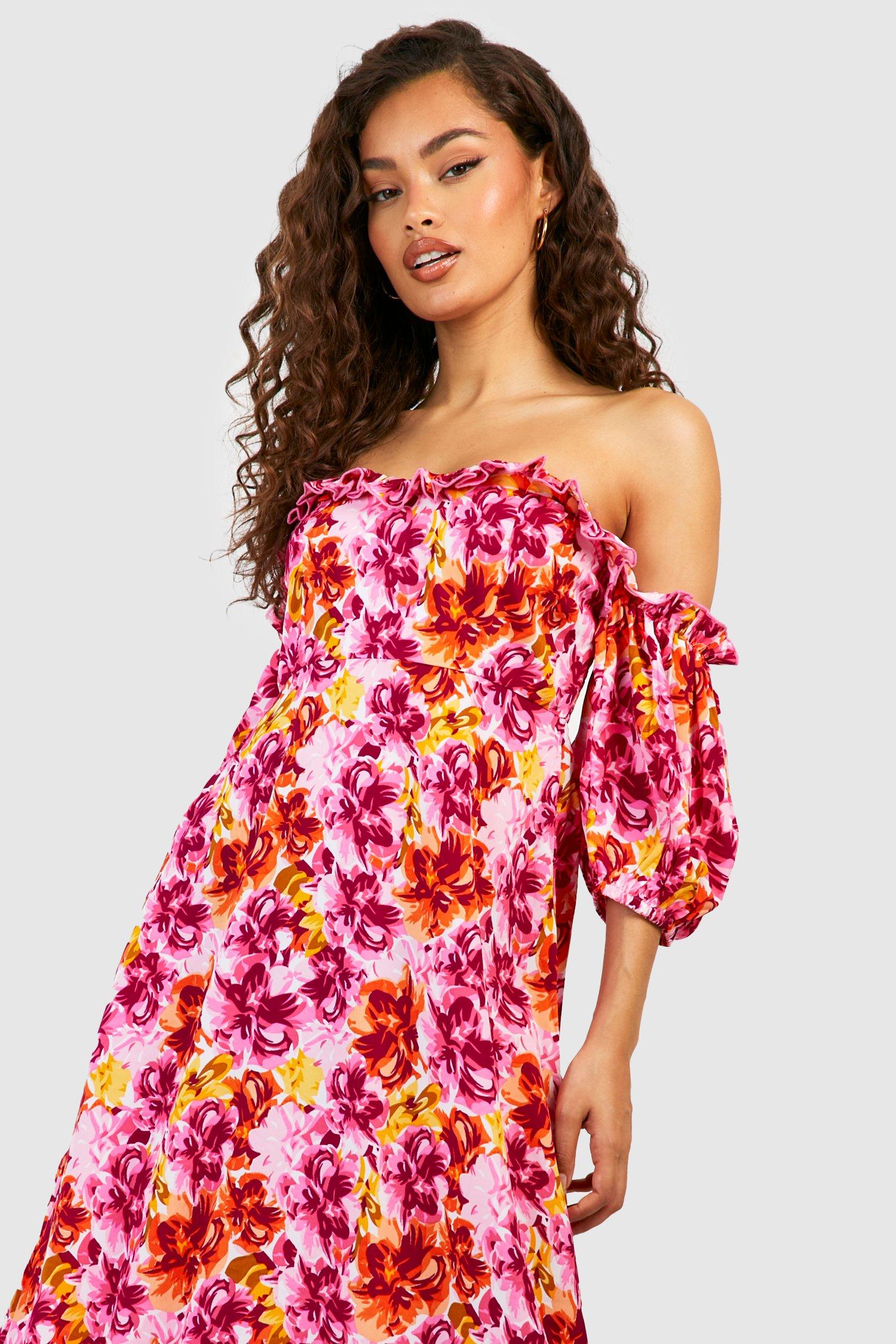 Women s Floral Bardot Ruffle Maxi Dress Boohoo UK