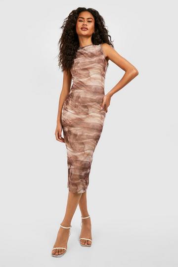 Stone Beige Abstract Print Ruched Mesh Midi Dress