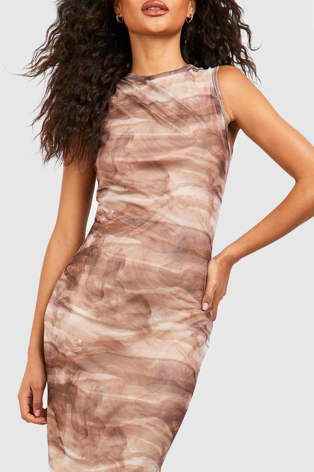 Abstract Printed Ruched Mesh Midi Dress (WDR655A)