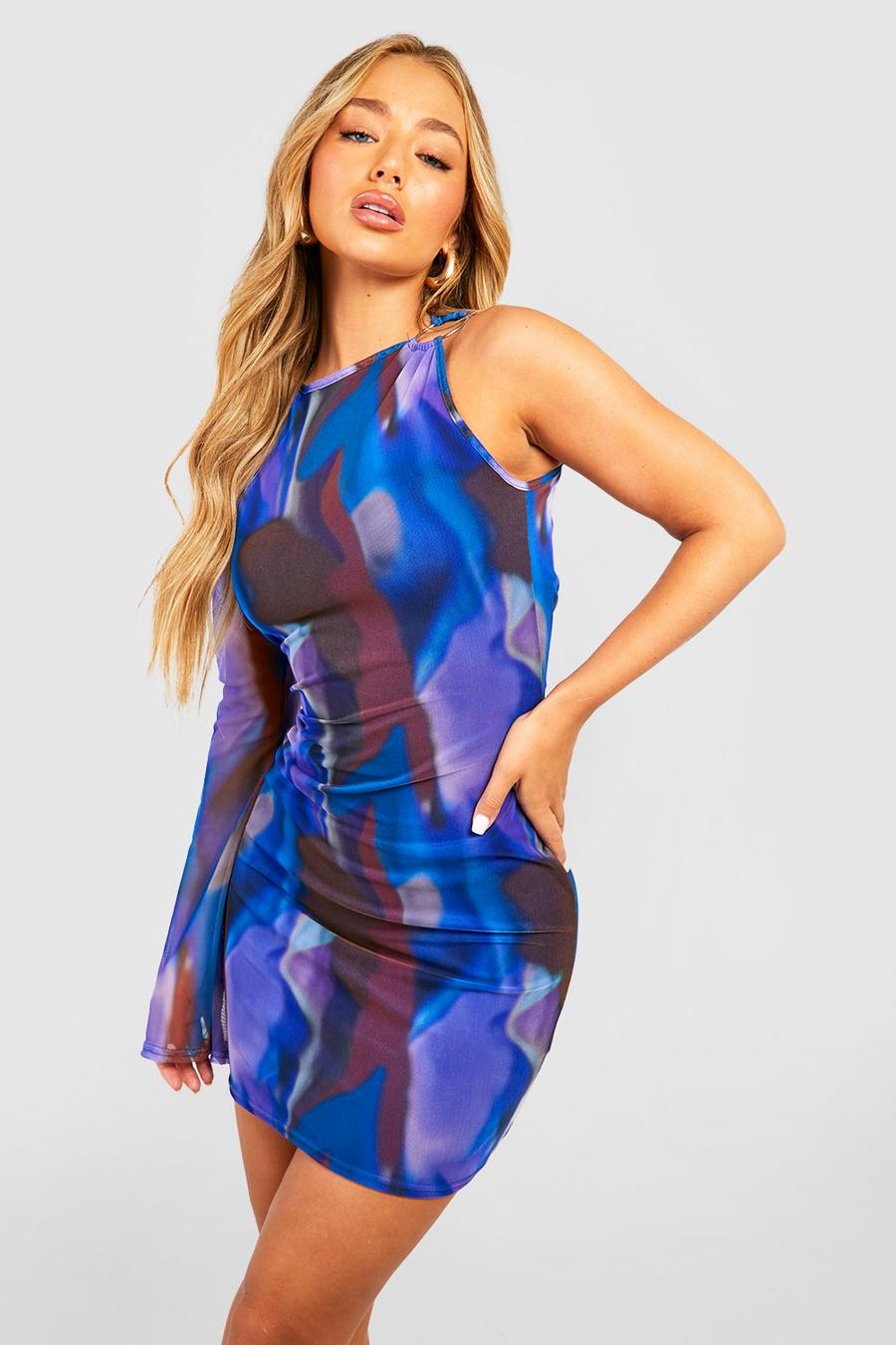 Blue Abstract Mesh Ring Detail Mini Dress image number 1