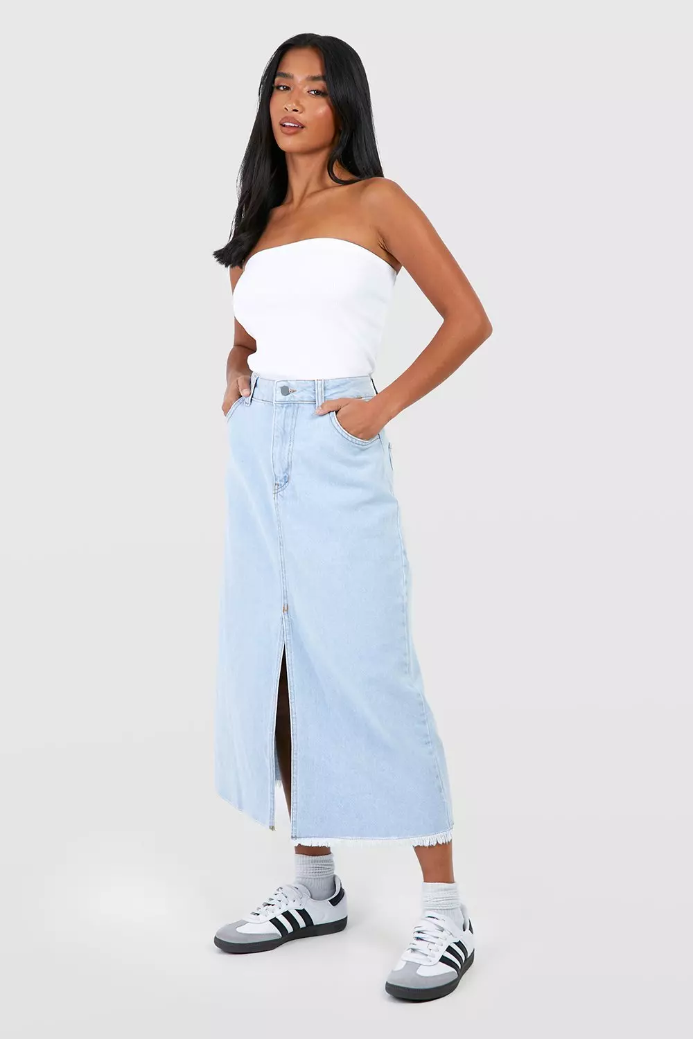 Frayed hem denim midi skirt best sale