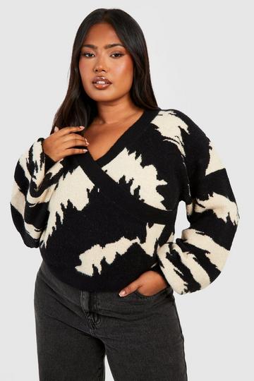 Grande taille - Pull cache-cœur à imprimé animal black