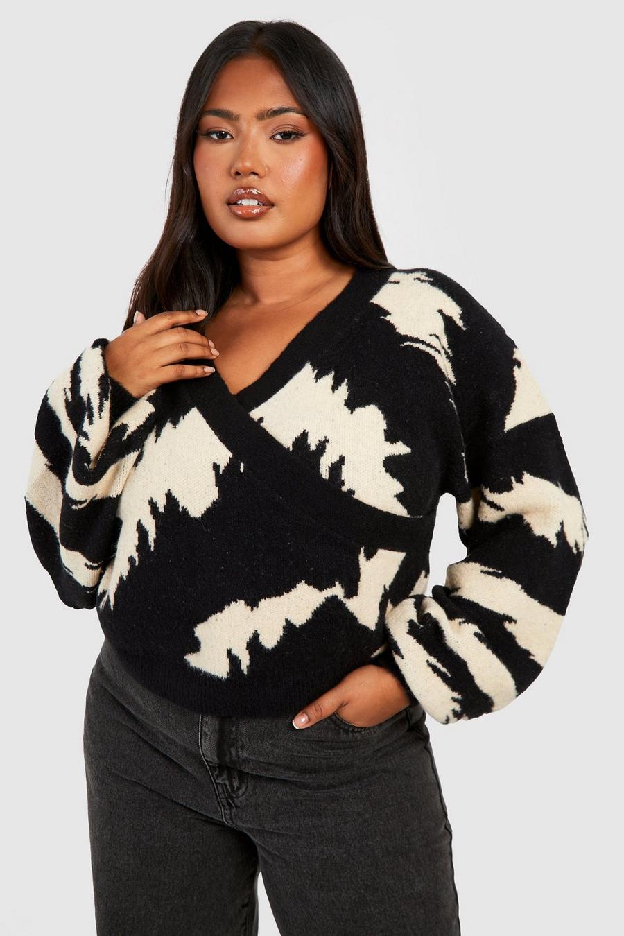 Maglione scaldacuore Plus Size a righe animalier, Black image number 1