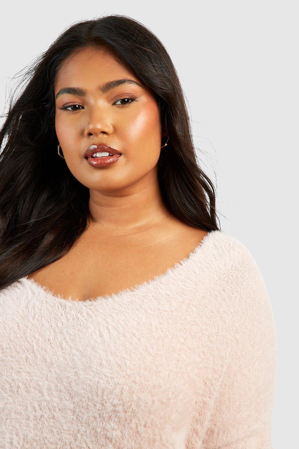 Plus V Neck Fluffy Knit Jumper