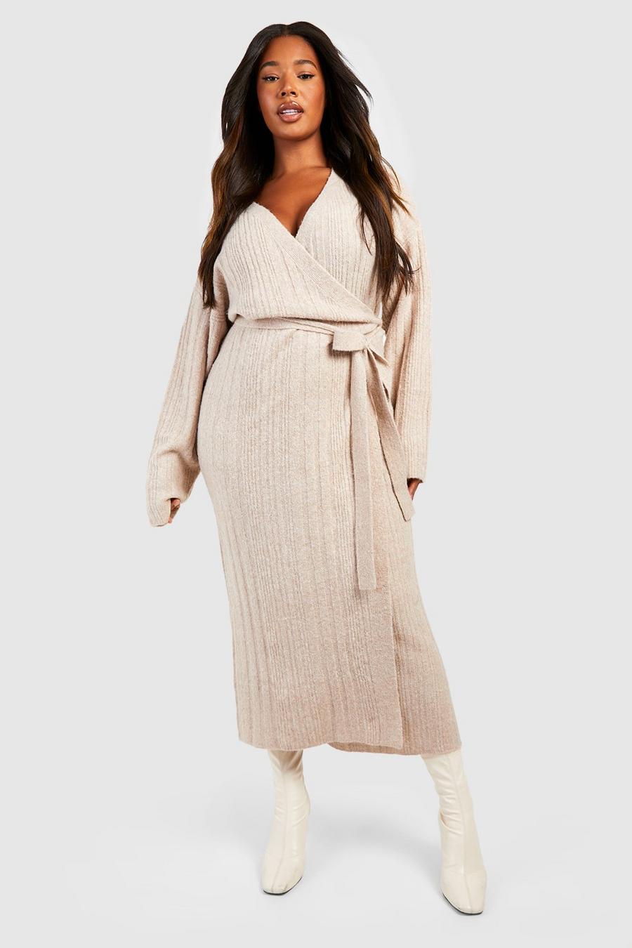 Taupe Plus Mixed Rib Wrap Jumper Dress image number 1