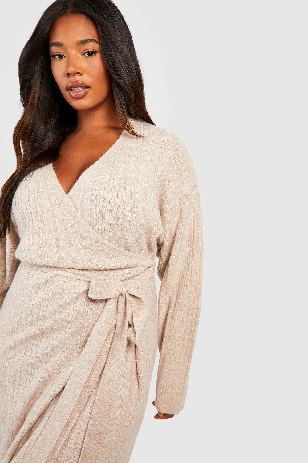 Plus Lightweight Mixed Rib Wrap Jumper Dress