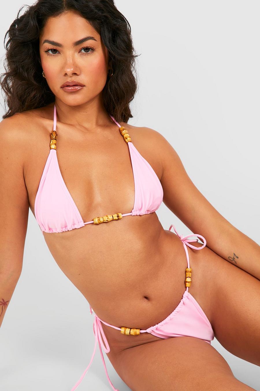 Top bikini a triangolo con laccetti in legno e perline, Baby pink image number 1