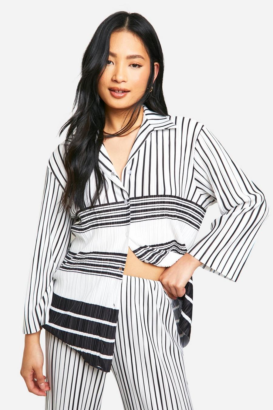 White Petite Stripe Plisse Oversized Shirt  image number 1