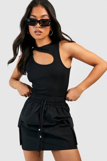 Black Petite Drawstring Parachute Mini Cargo Skirt