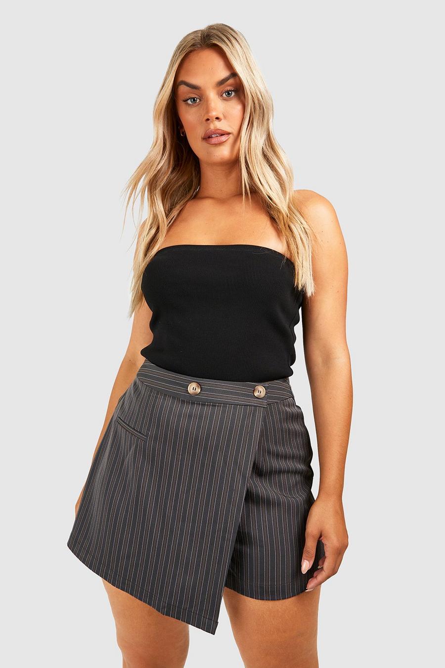 Grey Plus Premium Pinstripe Wrap Tailored Mini Skirt 