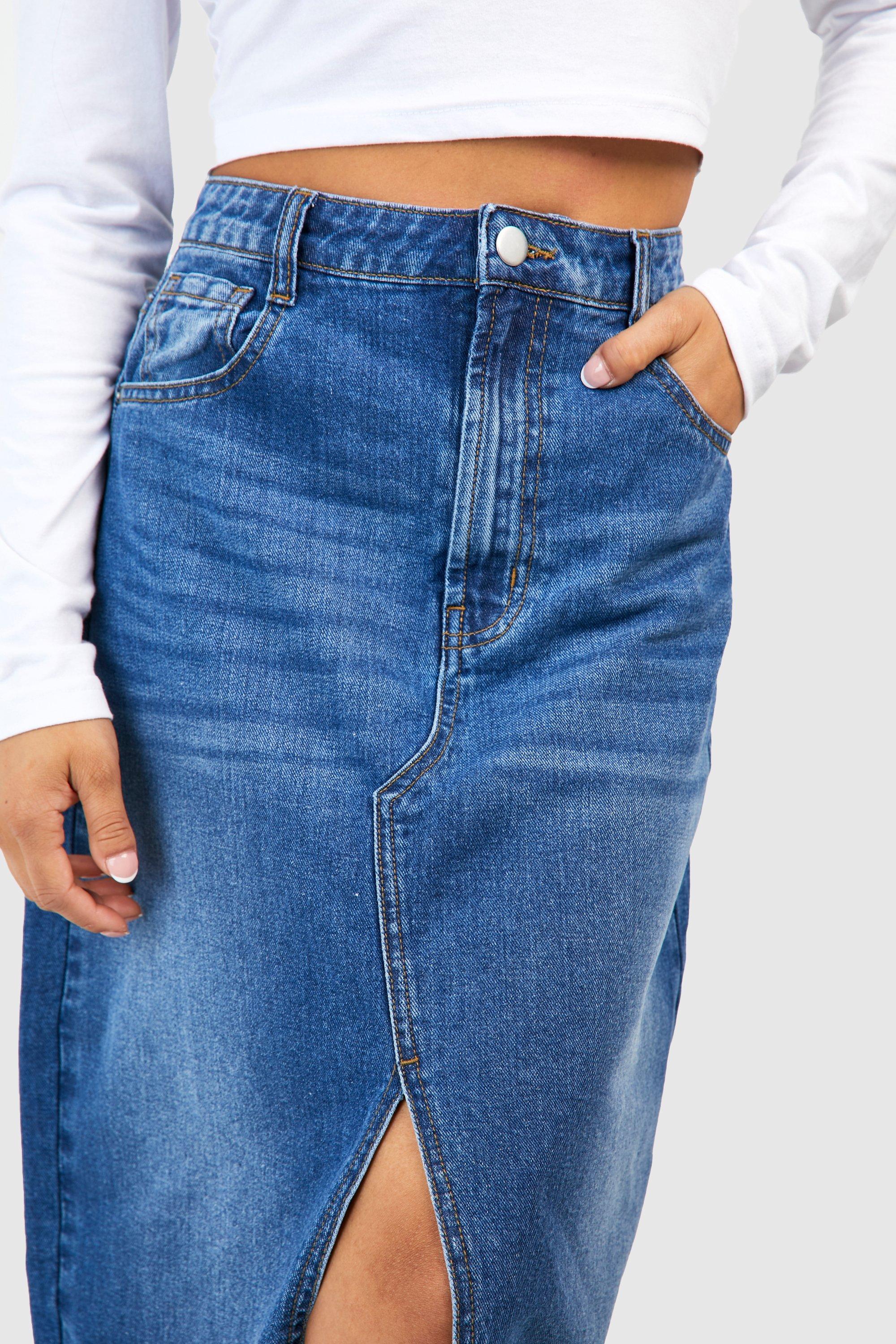 Petite Mid Wash Split Front Denim Maxi Skirt