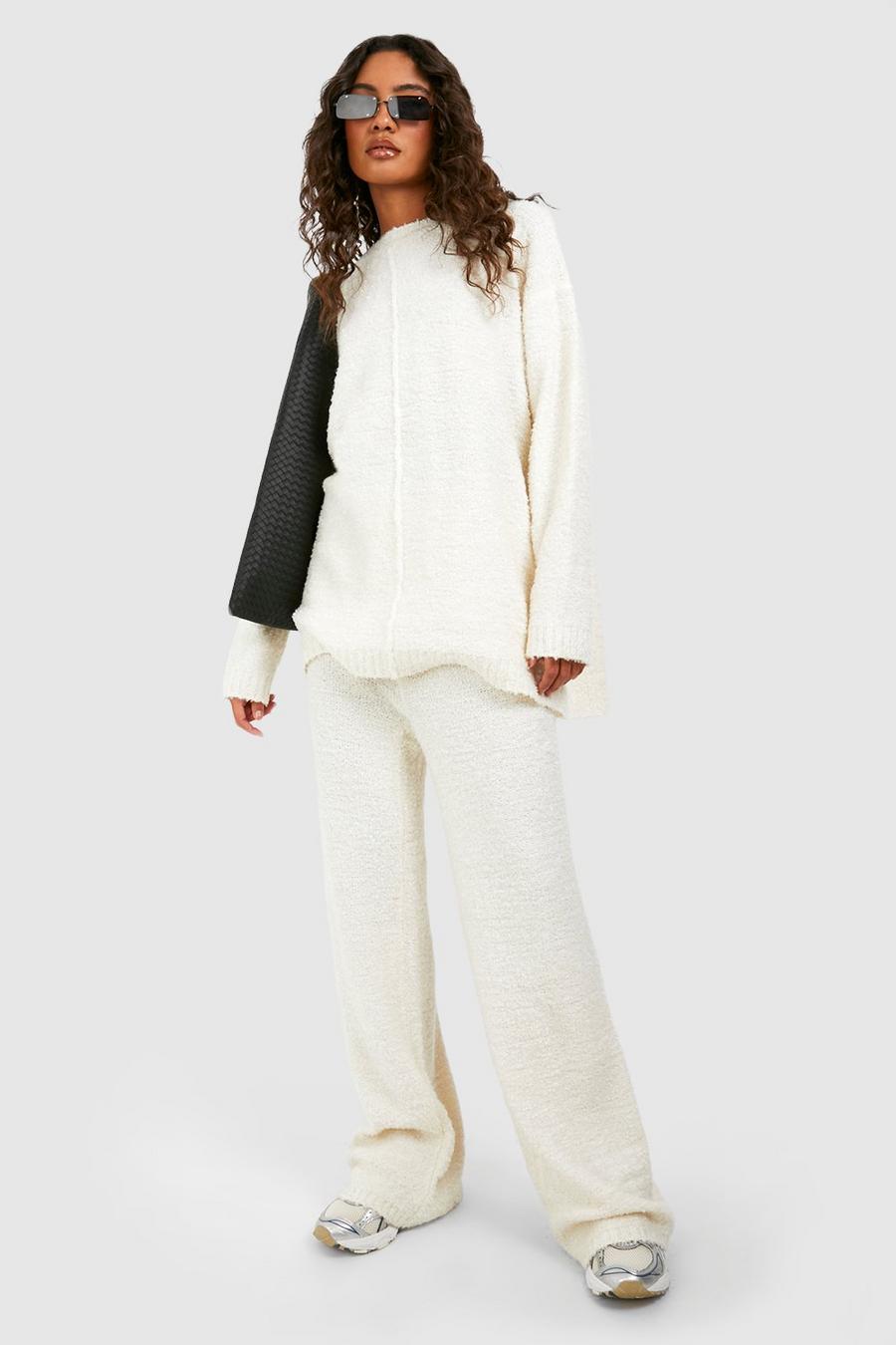 Ivory Tall Boucle Knit Wide Leg Trousers image number 1