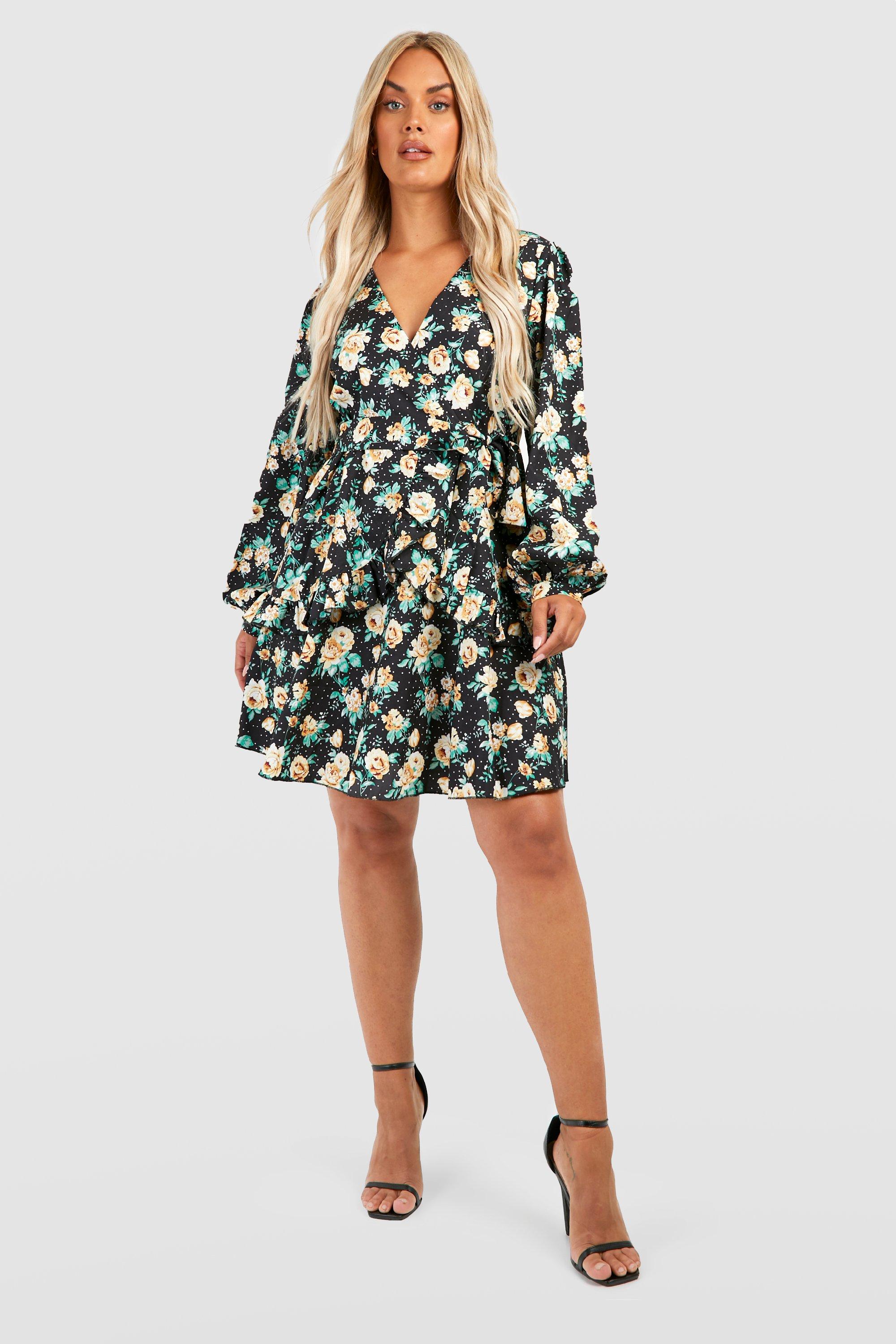 Plus Floral Ruffle Wrap Dress