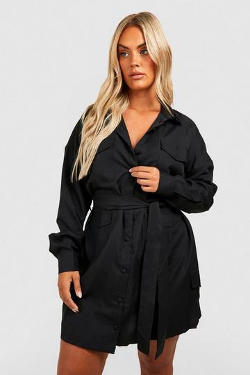 Black Plus Utility Pocket Belted Shirt Dress