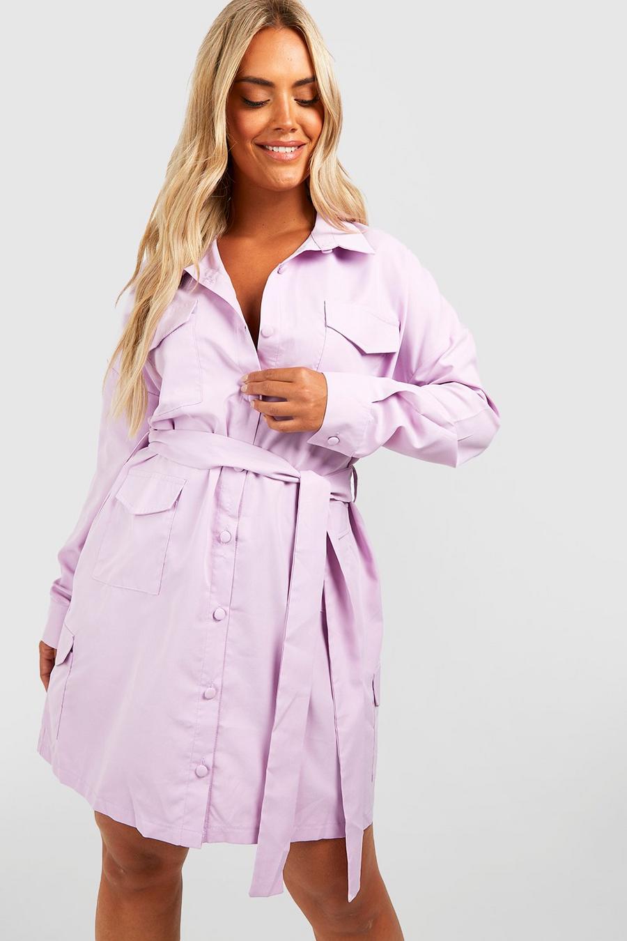 Lilac purple Plus Utility Pocket Belted Shirt Dress