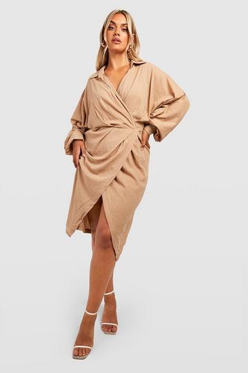 Stone Beige Plus Stripe Midi Wrap Shirt Dress