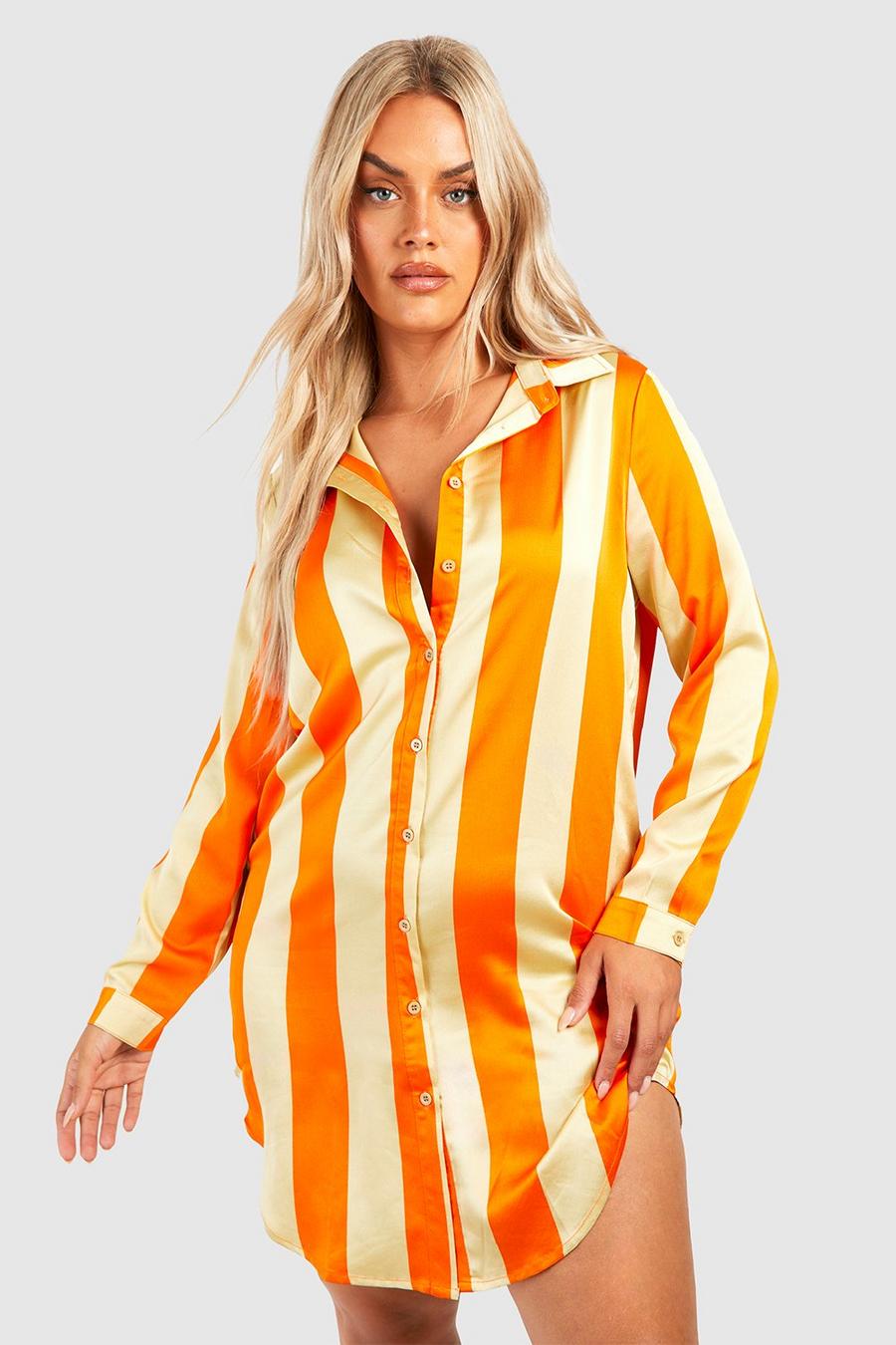 Orange Plus Large Stripe Print Shirt Dress image number 1