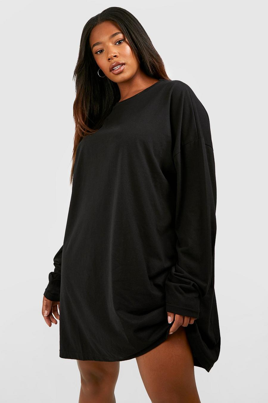 Grande taille - Robe t-shirt en coton à manches longues, Black