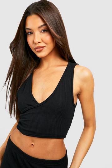 Ribbed Plunge Wrap Tie Waist Top black