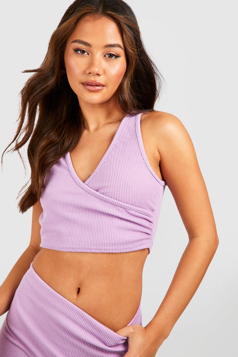 Lilac Ribbed Plunge Wrap Tie Waist Top image number 1