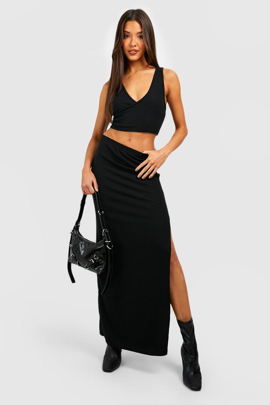 Black Ribbed Bodycon Thigh Split Maxi Skirt image number 1