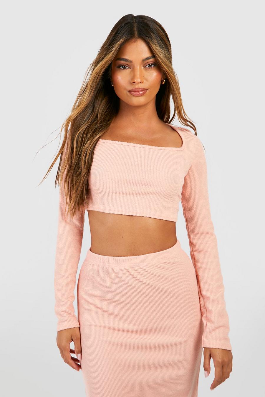 Dusty rose Ribbed Square Neck Long Sleeve Crop image number 1