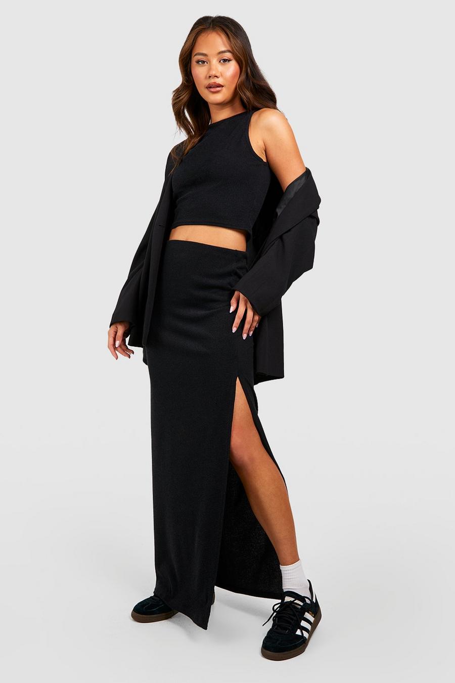 Black Ribbed Side Split Midaxi Skirt