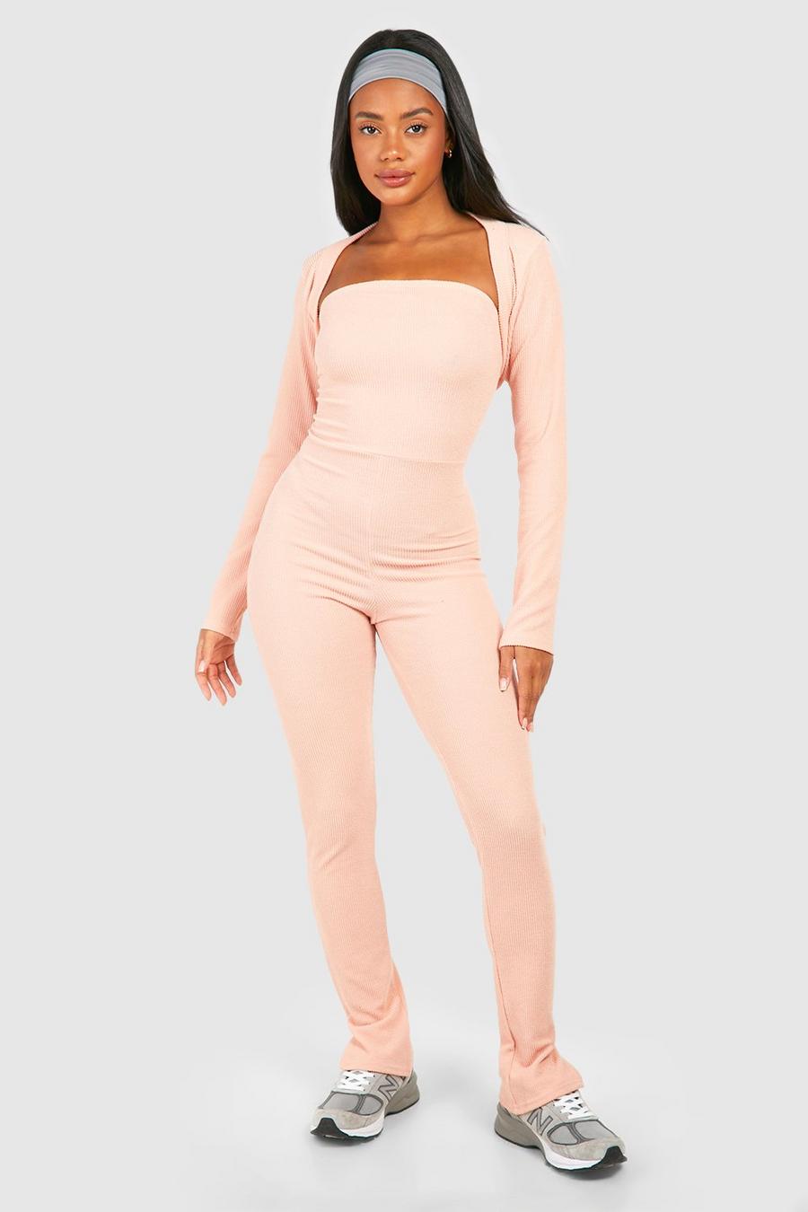 Gerippter Bandeau-Jumpsuit mit geteiltem Saum & kurzer Bolero, Dusty rose