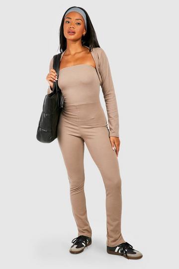 Ribbed Bandeau Split Hem Jumpsuit & Cropped Bolero mocha